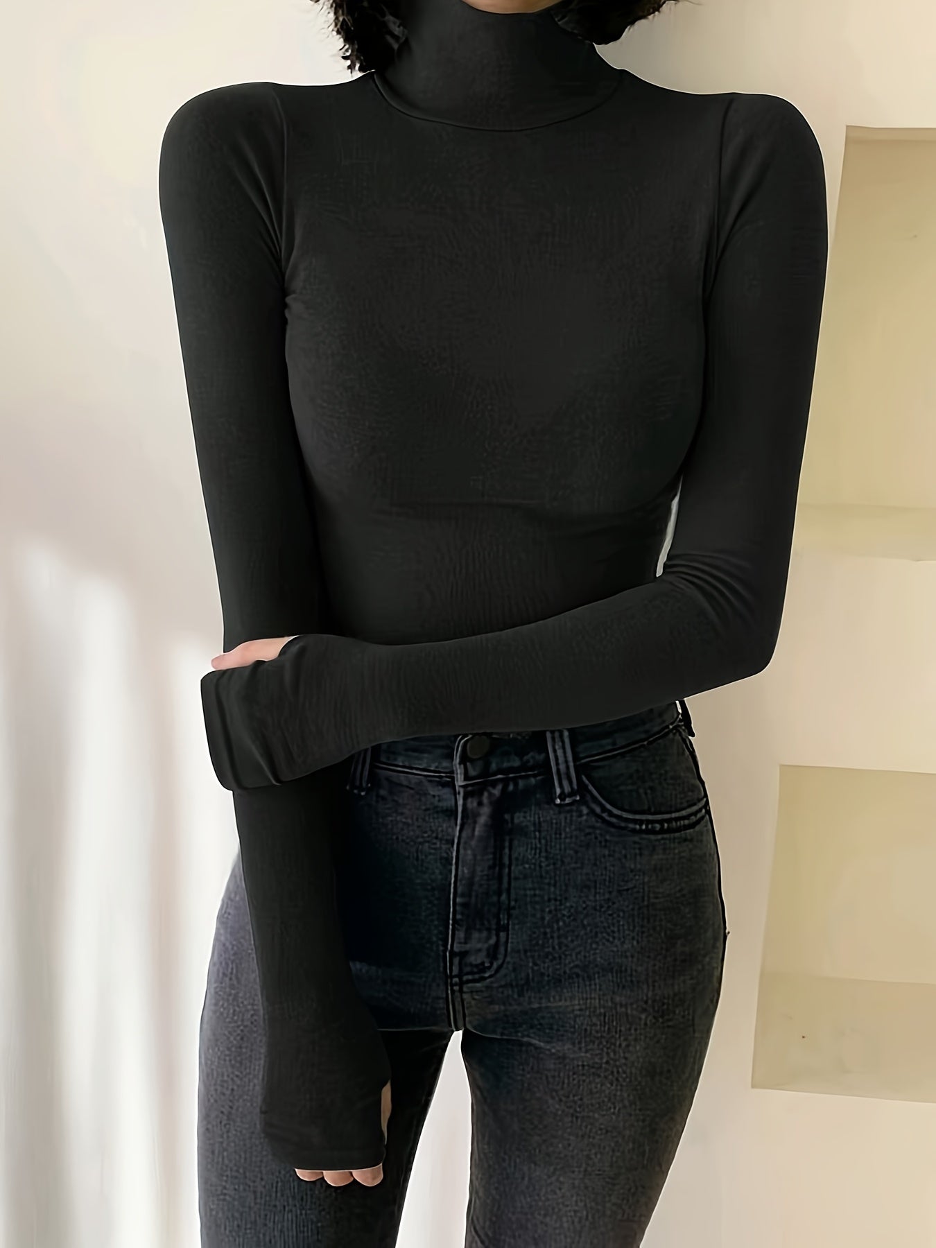 Women's Slim-Fit Turtleneck - Long Sleeve, Solid Color, Stretchy Polyester Blend; Machine Washable, Ideal for Fall, Autumn, Spring.