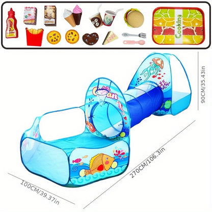 Children's 3-piece playset with ball pool, game tent, tunnel, and pop-up playhouse toys. Suitable for both boys and girls over 3 years old. Comes with a storage bag. Perfect birthday gift.