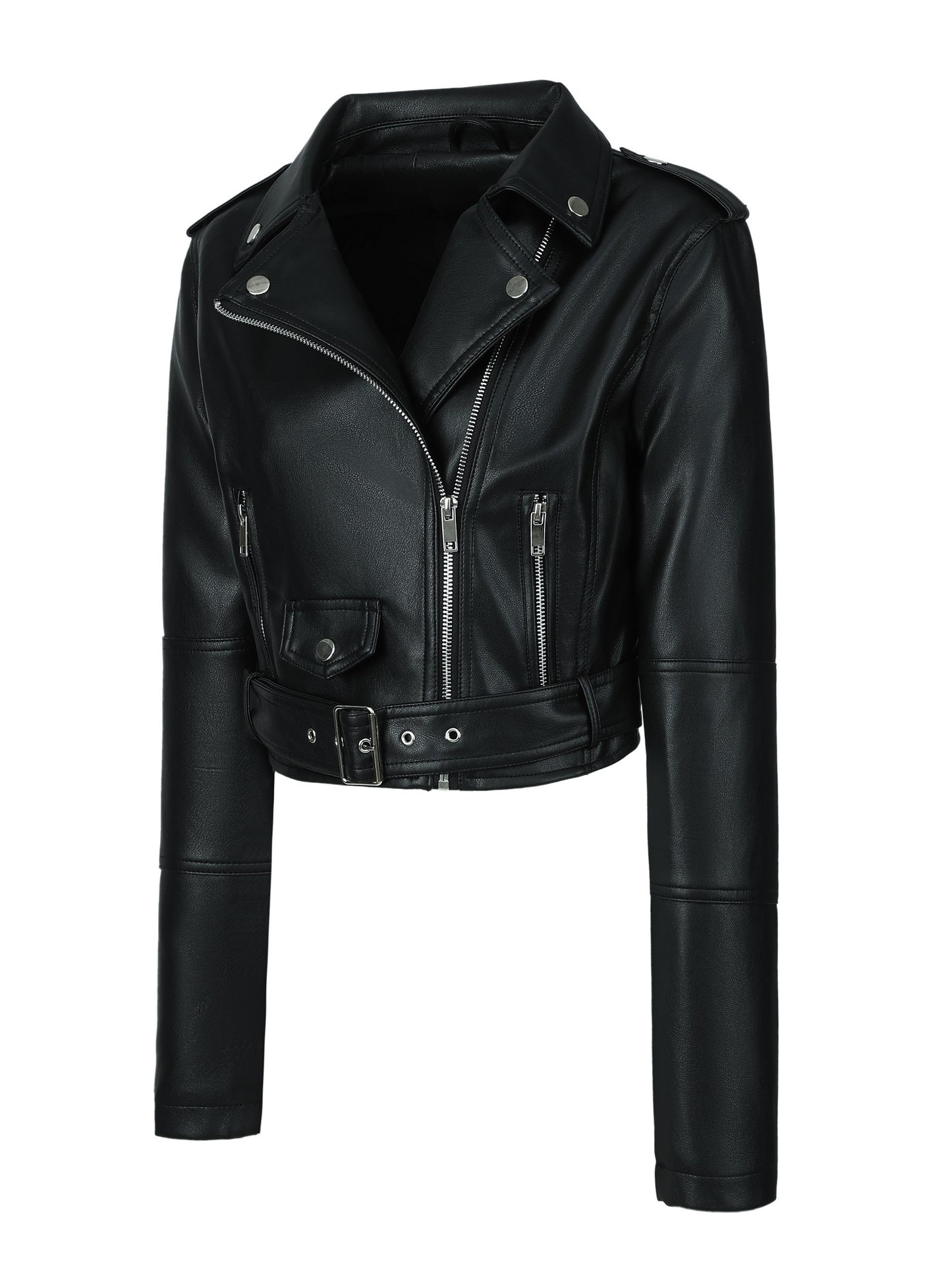 Stylish faux leather crop jacket for women, perfect for fall and spring weather.