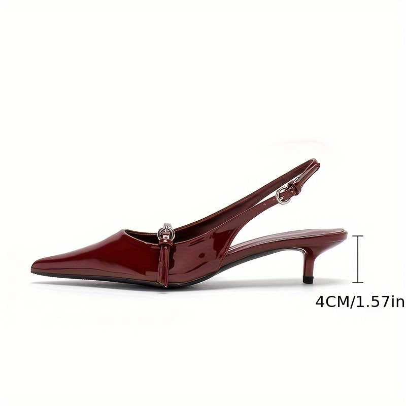 Red pointed-toe stiletto sandals with ankle strap and sleek slingback design for all-day comfort and style.