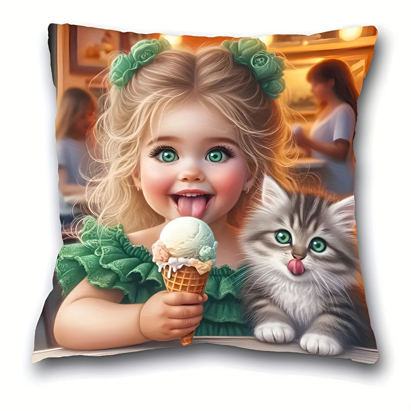 French Style Girl & Kitten Print short plush pillowcase, 44.96cm x 44.96cm, polyester knit, zippered, machine washable. Ideal for home decor.