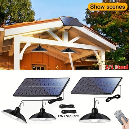 Solar LED pendant light with remote control, double head outdoor hanging lamp for RV camping and garden decoration. Suitable for square, shed house, and porch.