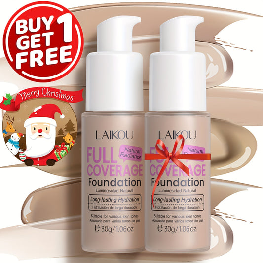 LAIKOU Full Coverage Foundation: Moisturizing, buildable concealment in 6 shades. Infused with hyaluronic acid & pear powder. Suitable for all skin types. Waterproof and pore-minimizing.