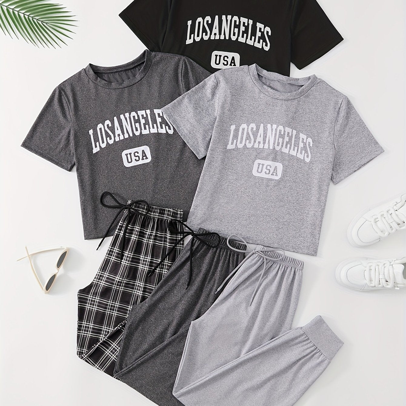 Women's Lounge Set with Letter Print, Short Sleeve Top, Drawstring Joggers, Relaxed Fit