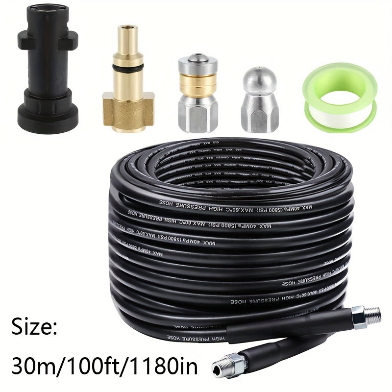 Powerful sewer jetter kit with 1/4" nozzle for clearing pipes and gutters. Available in 6m/20ft, 10m/33ft, 15m/50ft, 30m/100ft, and 45m/150ft sizes.