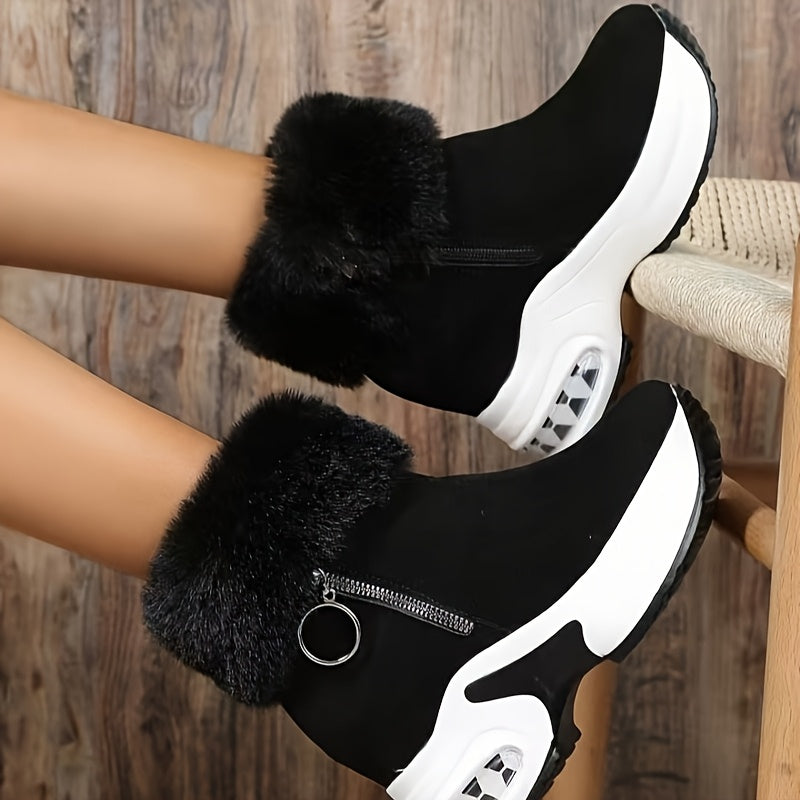 Winter boots for women with fleece lining, cozy and warm, thick sole, side zipper, round toe, mid-heel.