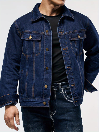 Men's Denim Jacket - Long Sleeve with Flap Pockets, Machine Washable