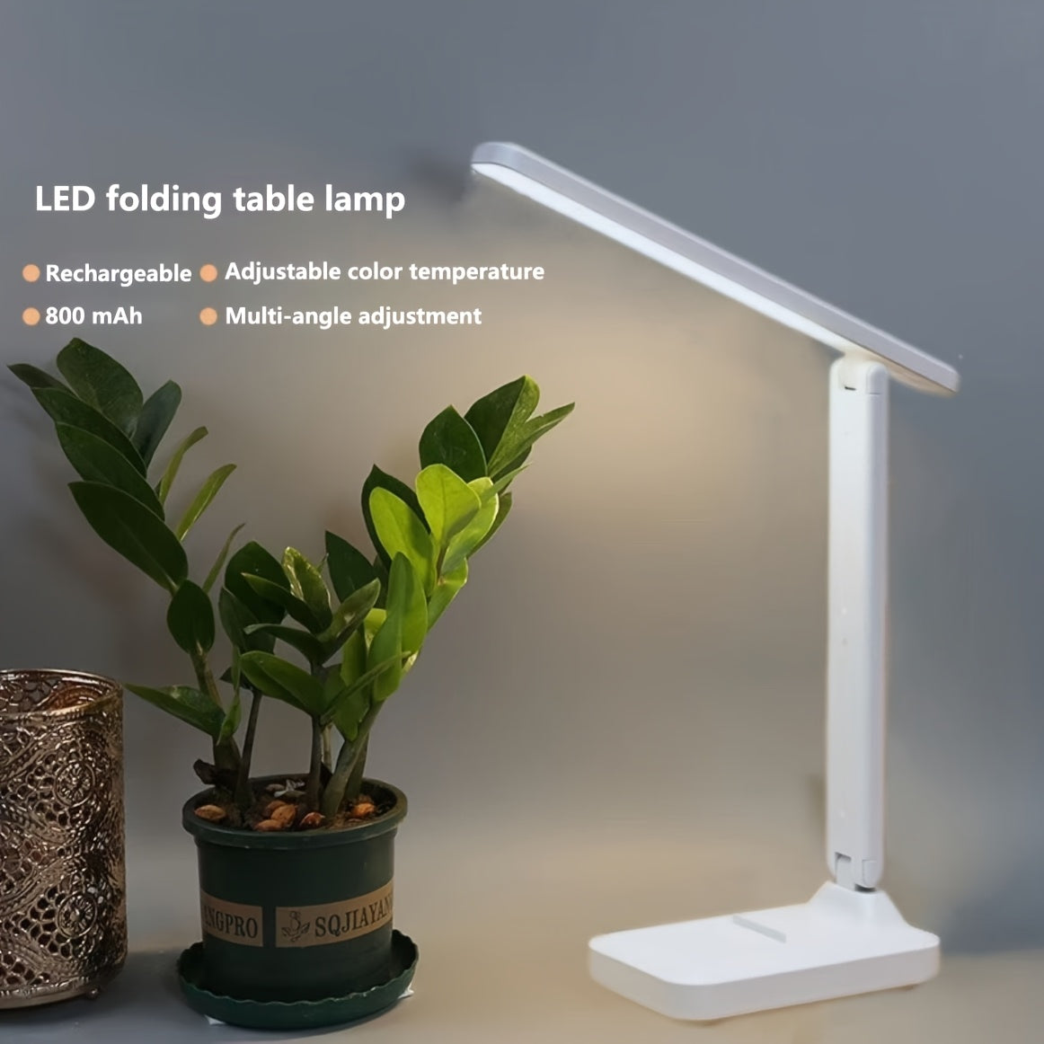 High-Brightness LED Desk Lamp with 3-Color Temperatures, Touch Control, Foldable Design, USB Rechargeable, Adjustable Arm, Plastic Construction - Ideal for Reading, Office, and Bedroom Use.