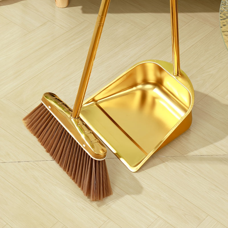 PMMJ Golden Stainless Steel Broom and Dustpan Set - Durable, Long Handle for Indoor/Outdoor Use, Vertical Design for Easy Cleaning, Upgrade Dustpan