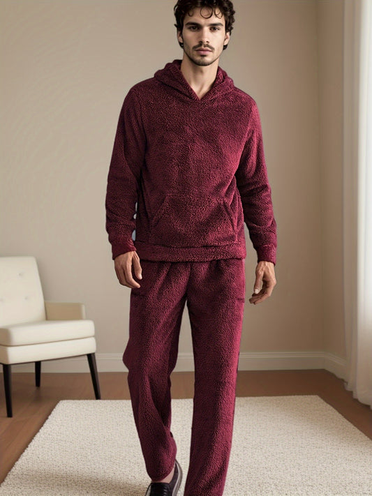 Cozy Men's Hooded Pajama Set made of plush fleece, with pockets and machine washable for winter sleepwear.