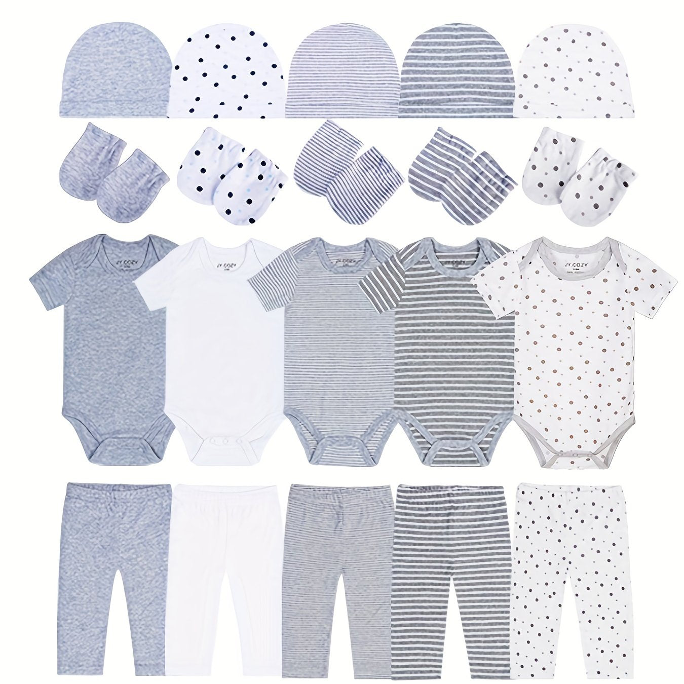 20pcs Newborn Baby Clothes Set including 5 rompers, 5 pants, 5 hats, and 5 gloves. Perfect gift for outdoor wear.