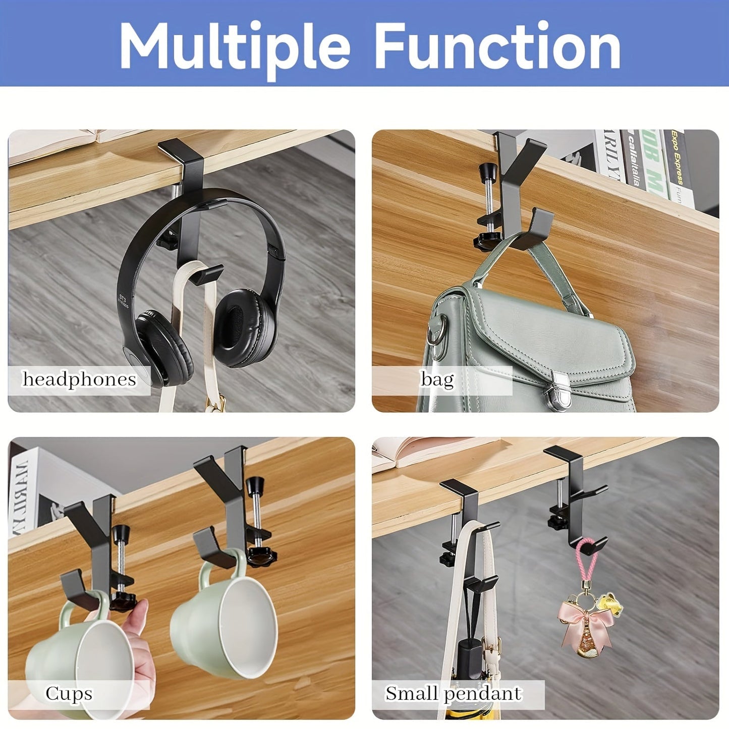 Two pieces of under desk hooks for backpacks - convenient and portable, perfect for student desks. Designed to fit women's bags and handbags, suitable for surfaces ranging from 1.02 to 4.98cm in thickness.