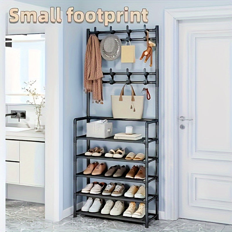 Multi-tier iron storage organizer with 8 dual hooks, versatile shoe rack and coat hanger for various rooms - uncharged, includes SKU quantity.