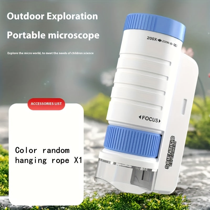 Portable handheld mini microscope with LED light for kids, 60X-200X magnification, PVC material, ideal holiday gift for boys and girls, perfect for back-to-school science toy in