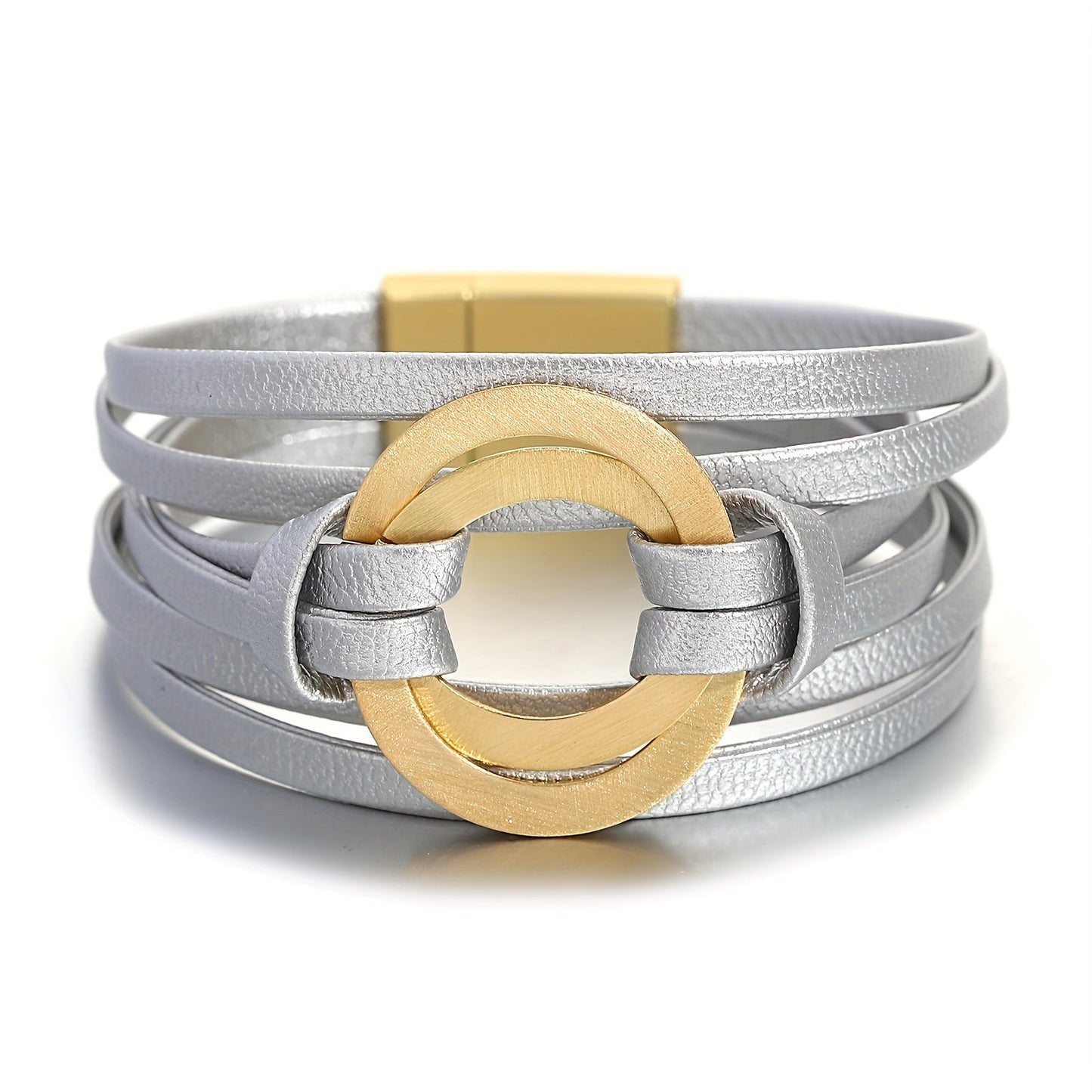 Artificial leather bracelet for women with double circle charm and magnet buckle clasp - a stylish wide bangle bracelet that makes a great gift.