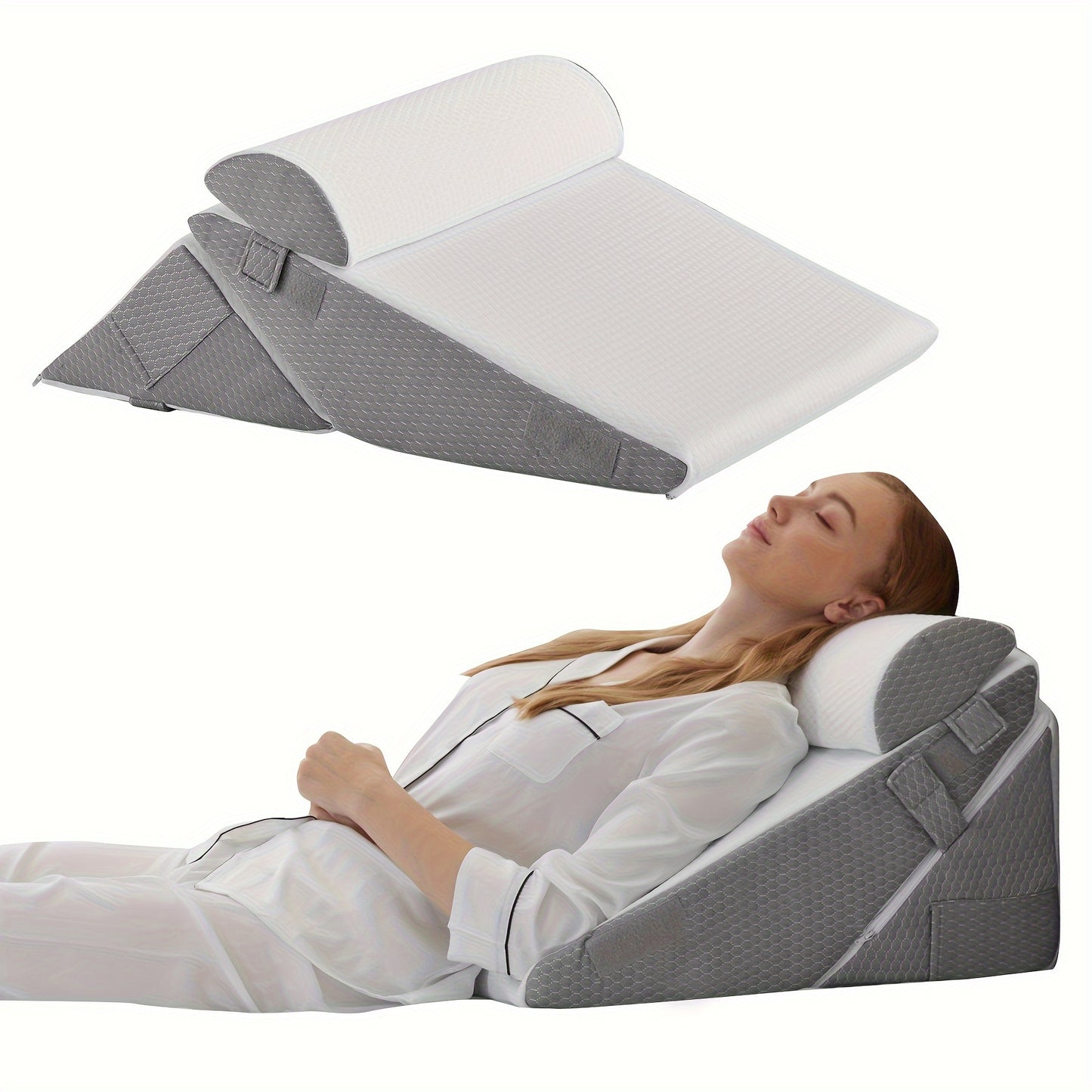 Set of 3 bed wedge pillows for back support after surgery and to prevent acid reflux.