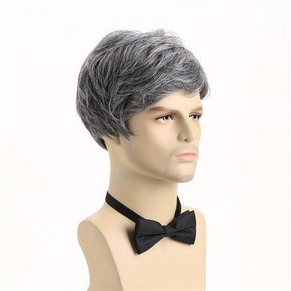 Stylish Men's Fashion Wig: Short Wavy Gray with Side Bangs, 25.4 cm in Synthetic Fiber - Perfect for Daily Wear, Role Play, Halloween, Nightclub, and Parties. Made of Durable Polyester Material, Hand Wash Recommended and Heat Resistant.