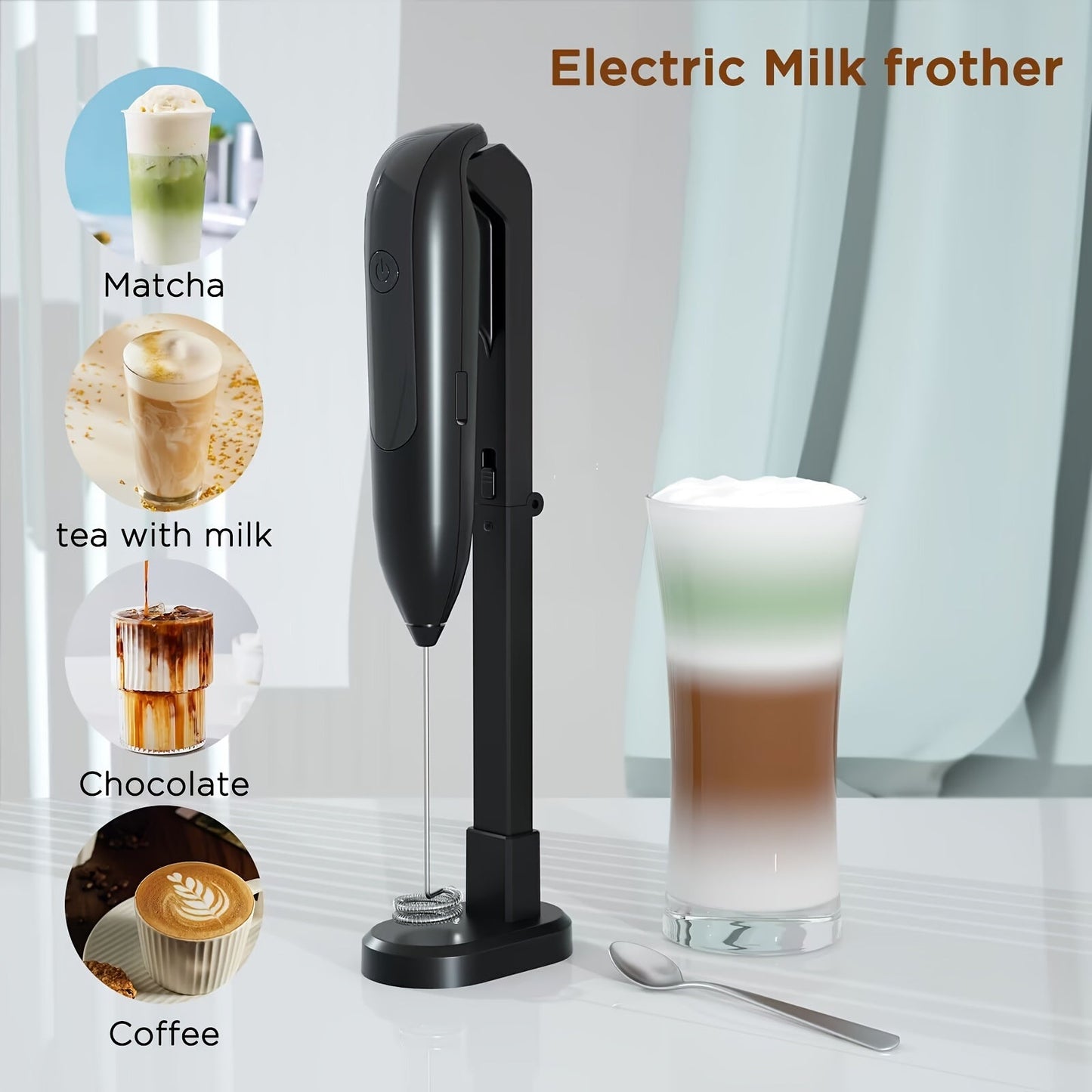 USB rechargeable handheld blender for coffee, lattes, and matcha with a portable electric milk frother. Comes with whisk attachment and stand.