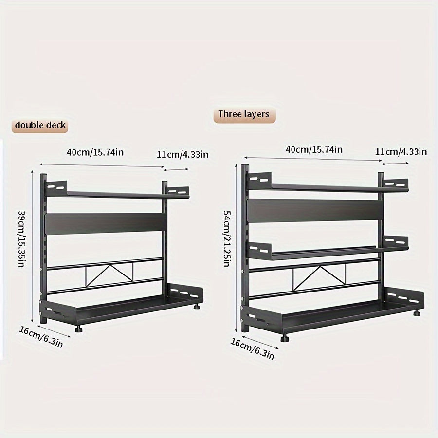 Adjustable Kitchen Storage Rack - Wall Mount with No-Drill Installation, Organize Seasonings and Utensils with Multi-Tier Modern Metal Design, Perfect for Spice Storage and Knife Placement.