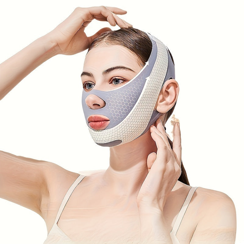 <Elastic plastic facial bandage for day and night use, also functions as anti-snoring and sleep mask.>