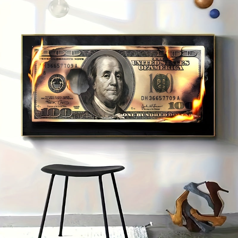 Flame Dollar Bill Art on Canvas, Unframed Indoor Decor for Various Spaces - Transverse Orientation