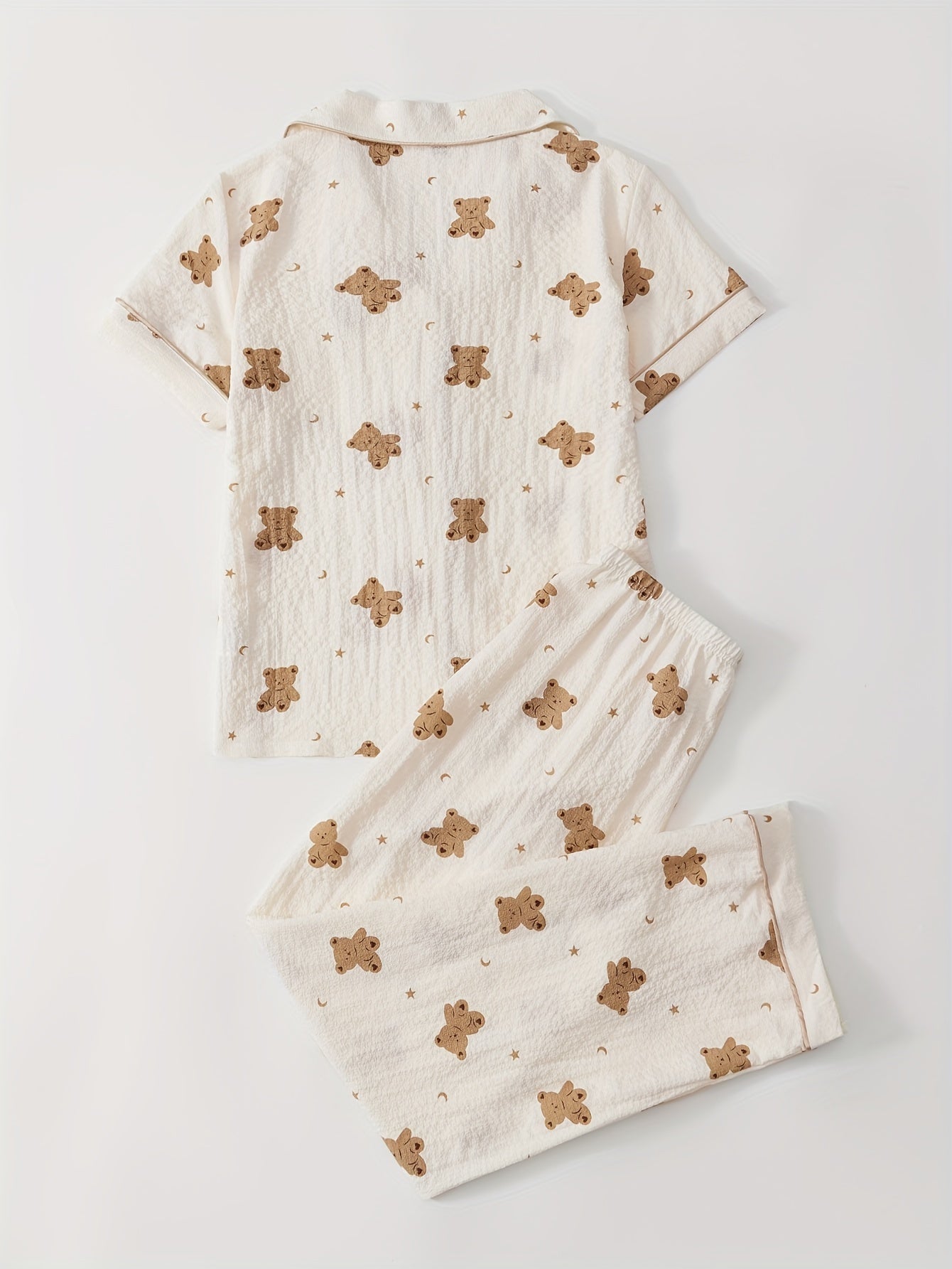 Bear print lounge set with cute short sleeve top and elastic pants, women's loungewear.