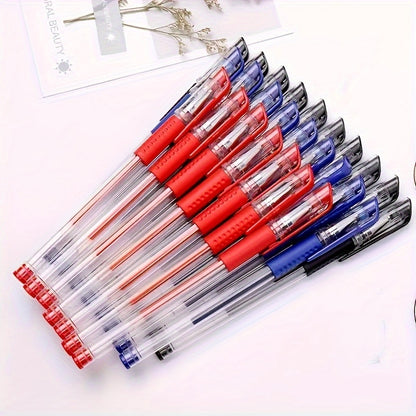 50-pack gel and ballpoint pen set with fine 0.5mm point in assorted black, blue, and red ink. Ideal for students, school, and office use with comfort grip. Suitable for ages 14 and above.