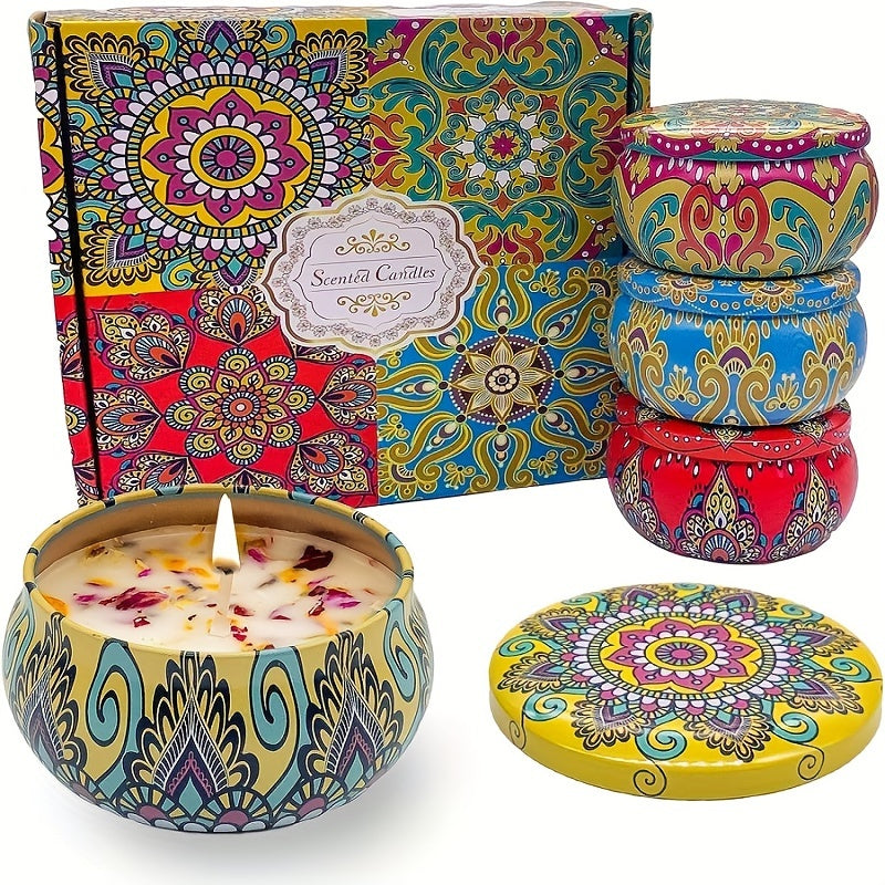 4-piece candle set with random fragrance cans (jasmine, sandalwood, small Canglan, rose) for stress relief, relaxation, bathing, yoga, and as holiday gifts.