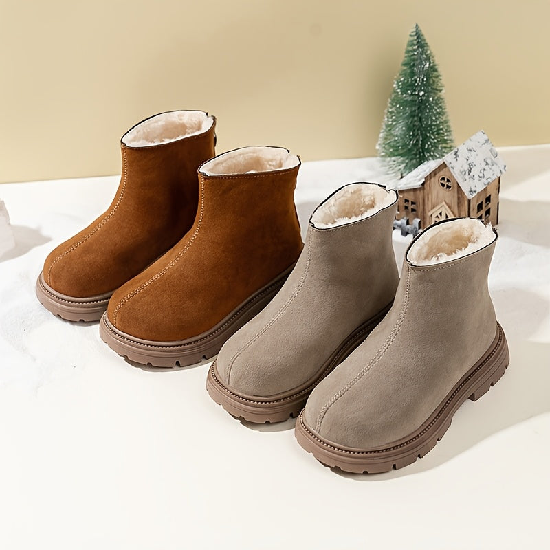 Stylish winter ankle boots with cozy plush lining, durable PVC sole, side zipper, round toe, brown upper with black trim. Perfect for boys and girls, casual snow booties for cold weather.