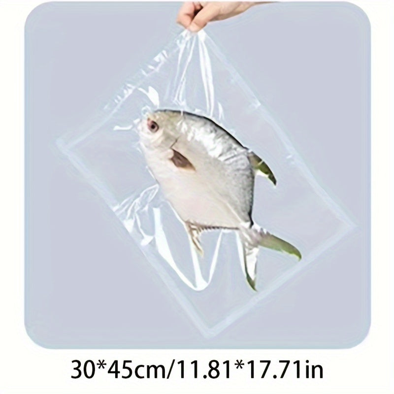 100 vacuum sealed food bags made of silk and transparent polyester nylon material. These bags are designed for vacuum compression and plastic sealing to keep food fresh. They have a glossy commercial finish.