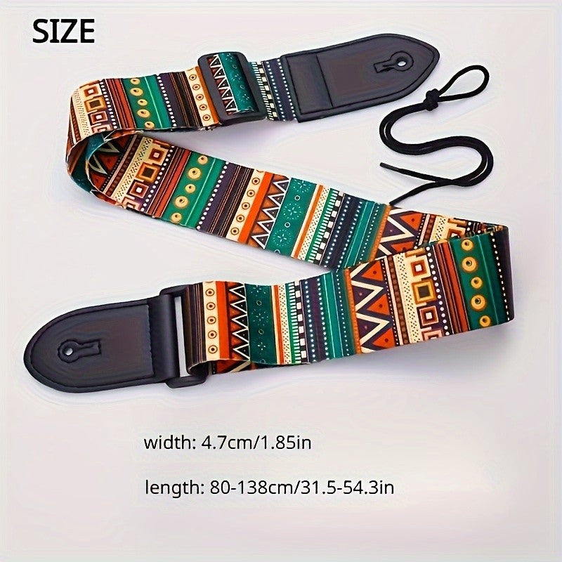 Bohemian Tribal Pattern Adjustable Guitar Strap made of faux leather and thick polyester, with secure locking system. Compatible with electric guitar, bass, and ukulele. Durable shoulder