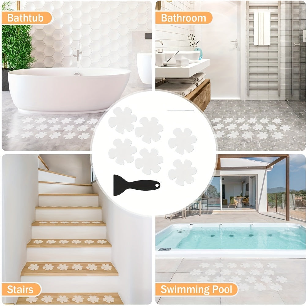 Set of 7 Flower Shower Tread Stickers with Scraper for Safety - Made from PEVA, Prevents Slipping in Bathtubs, Showers, Stairs & Ladders - Easy to Apply Adhesive Decals - Hand Wash Recommended