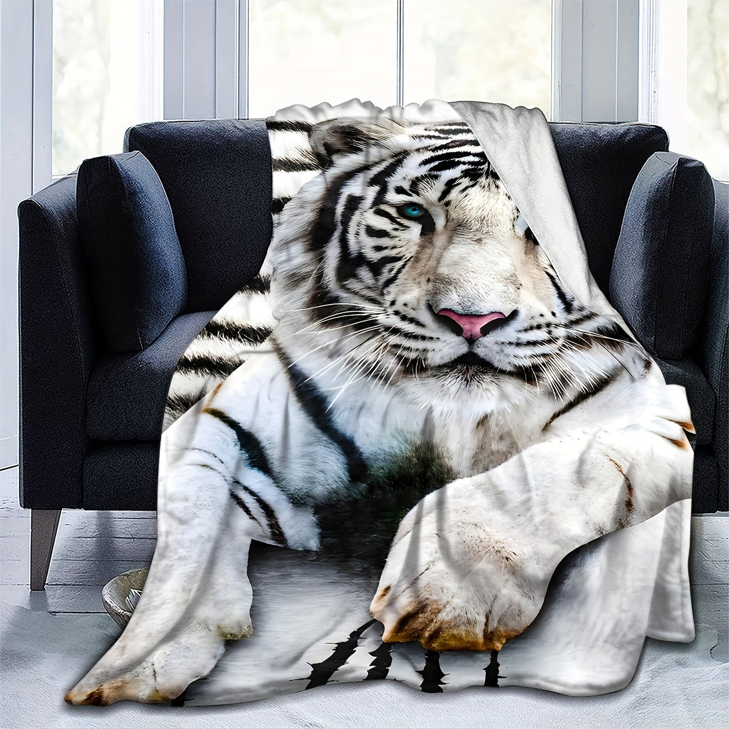 Soft and comfortable 1pc White Tiger Printed Flannel Blanket perfect for adults at home, picnic, or travel. Great as a gift too!