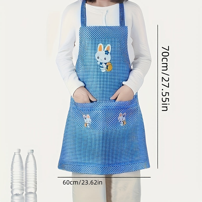 Plaid polyester kitchen apron featuring cute bunny design in soft woven velvet fabric, durable for home and restaurant use. Available in pink and purple.