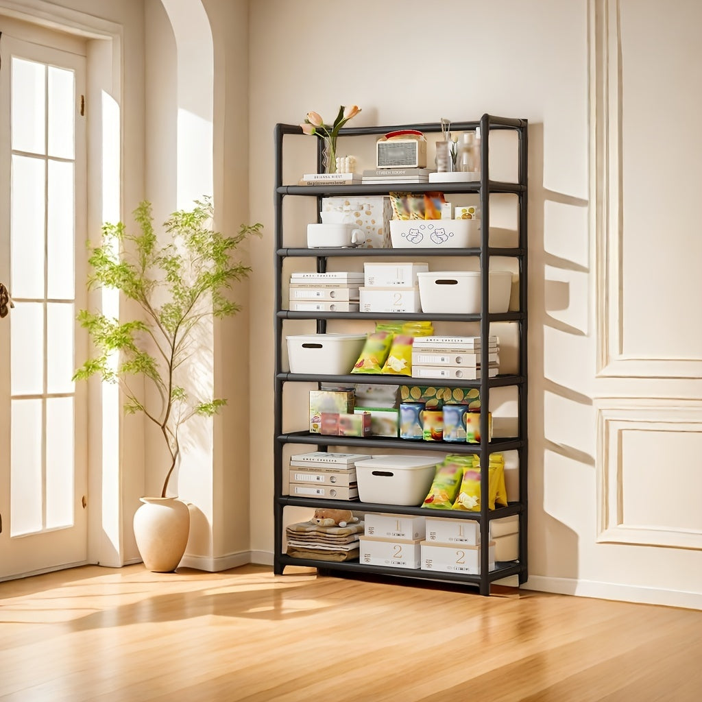 This 7-tier storage organizer rack is made of metal and plastic, perfect for bedrooms, kitchens, and living rooms. It features versatile shelving for easy organization, and is designed without the need for electricity or wood construction.