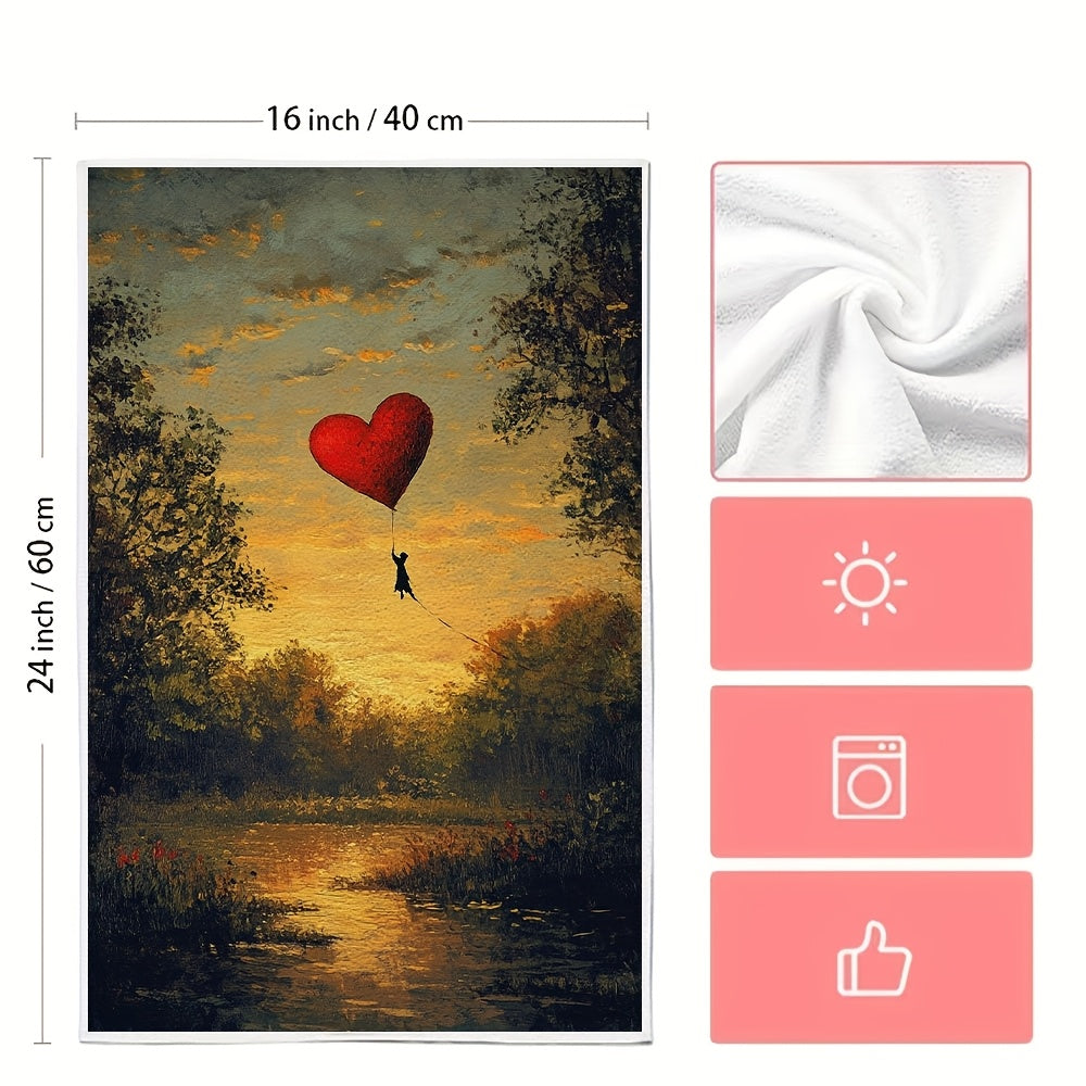 Two pieces of ultra soft kitchen towels with a heart kite flying in a park design. These highly absorbent dish hand towels are perfect for holiday decor. They are machine washable and measure 16x24 inches. - Item code: 2KYSYS1215263