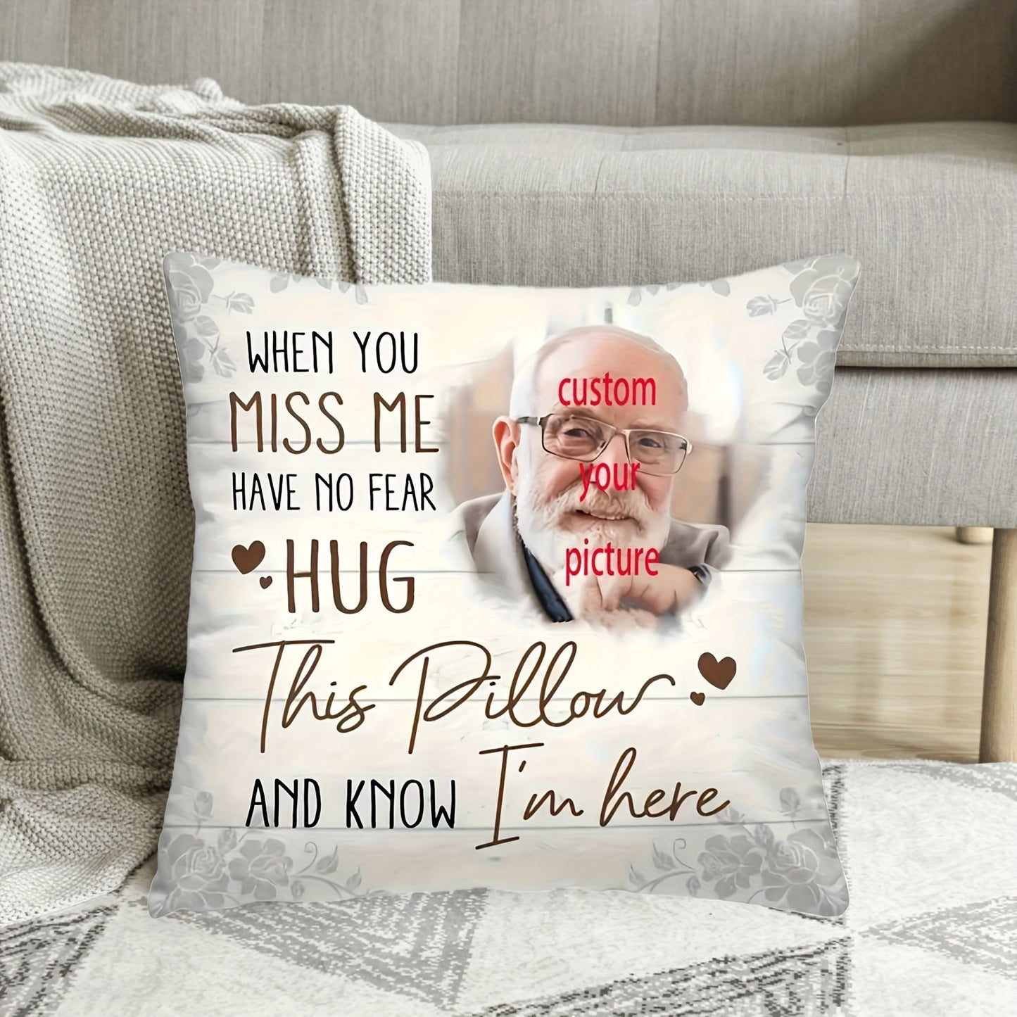 Customize your own photo commemorative polyester throw pillow with a short plush memory cushion cover. This custom hug pillowcase is perfect for remembrance, love, and comfort. Sized at 45.72x45.72 cm, it is suitable for ages 14 and up. Note: Cover only