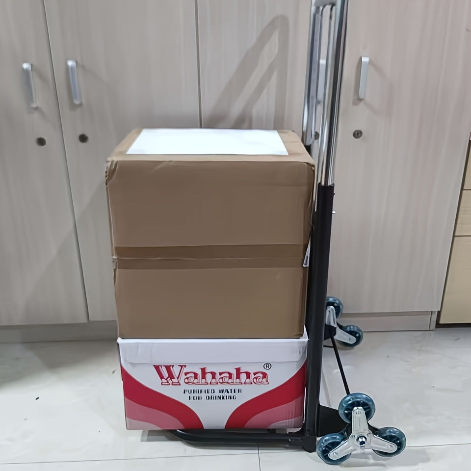 Durable folding hand truck with wheels designed for climbing stairs, easy to lift and carry, ideal for moving and shopping.