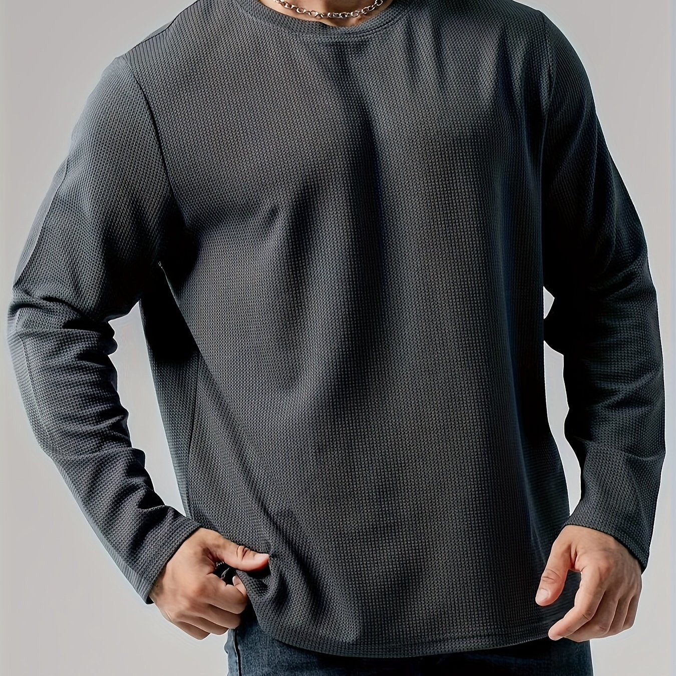 Men's Plus Size Dark Gray Long Sleeve Crewneck Top in Soft Polyester Knit, Warm & Comfortable for Fall and Winter, Machine Washable, Everyday Stylish Comfort Wear.