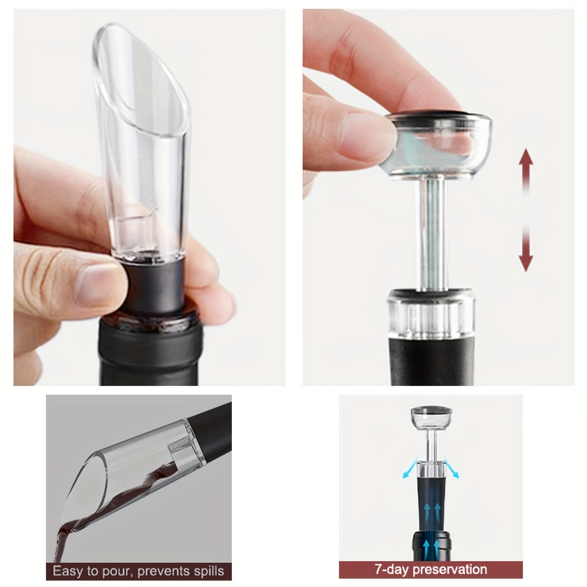 Electric wine opener set includes foil cutter and vacuum seal; battery-powered and easy to store; ideal for home bars and restaurants.