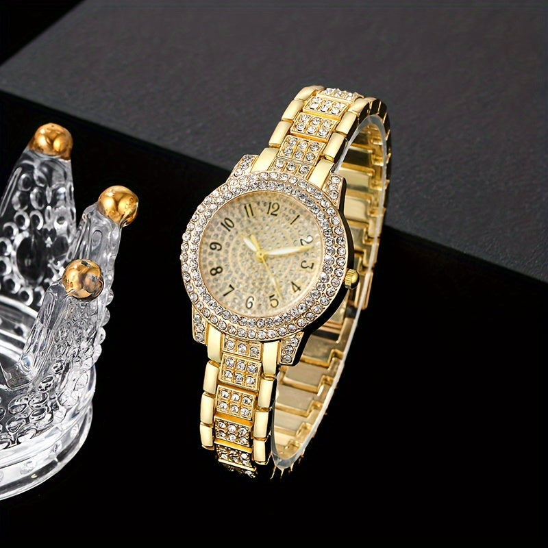 Set of 7 Women's Golden Quartz Watch & Jewelry, includes minimalist wristwatch, necklace, bracelet, ring, and stud earrings.