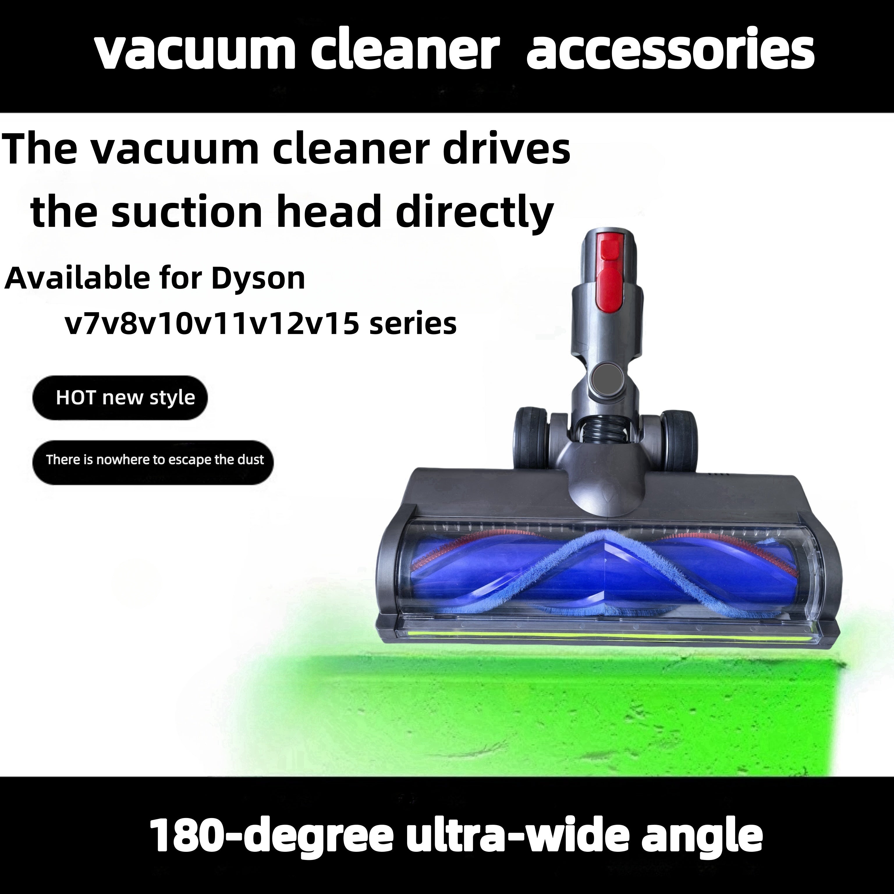 Vacuum cleaner brush head attachment with LED illumination, suitable for V7 V8 V10 V11 V15 cordless stick vacuums. Features a 180-degree ultra-wide angle and is made of durable ABS material. Includes dust detection lights for improved cleaning.