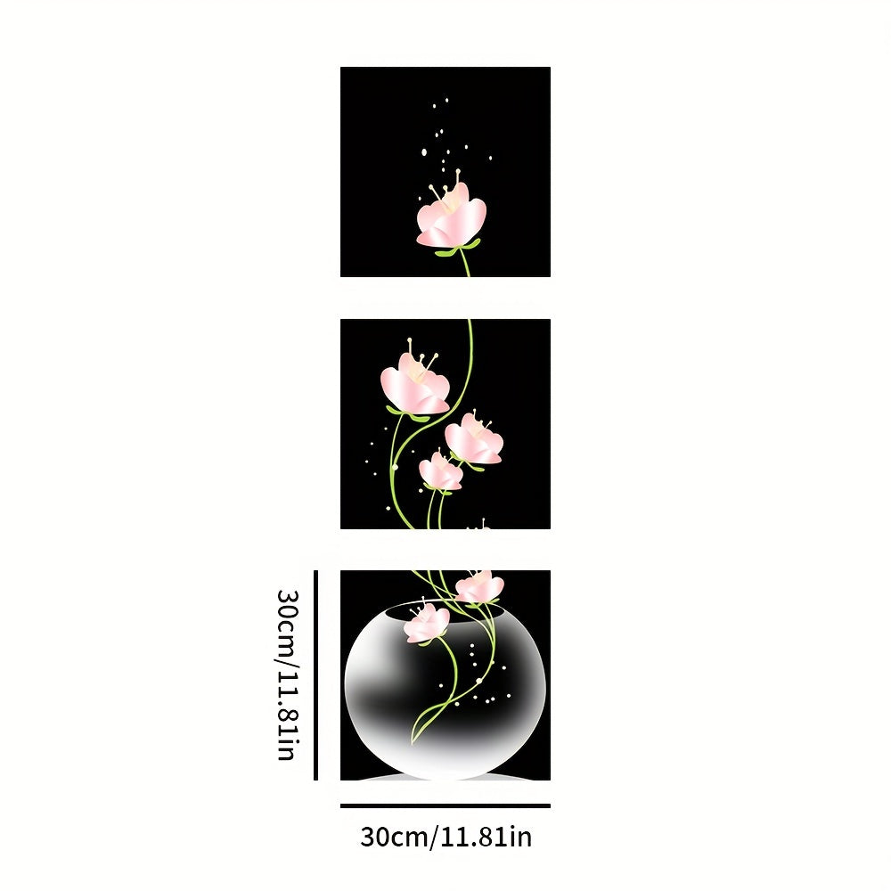 Set of 3 pink flower canvas prints with sparkling accents, perfect for living room or entryway decor. High-quality machine-printed canvas, elegant and minimalist design. Frameless.