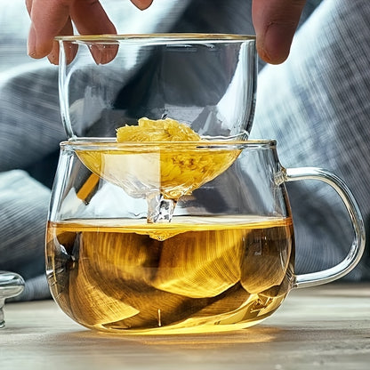 Glass tea cup with infuser, lid, and strainer, holds 380ml/12.85oz. Suitable for various drinks like lemon juice, water, tea, coffee, and fruit juice, perfect for all seasons.