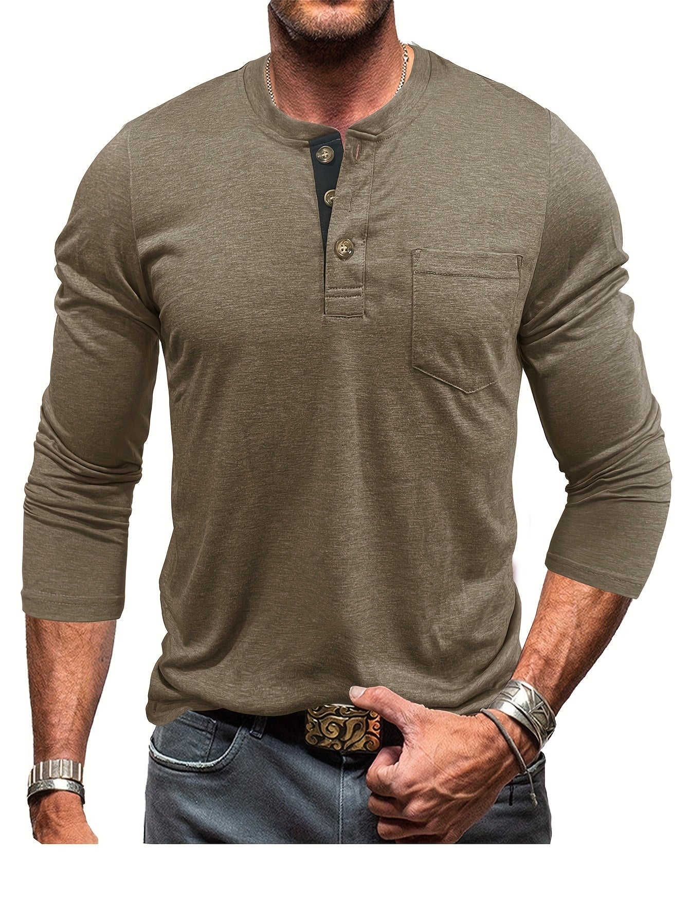 Men's olive green Henley shirt in big & tall sizes, perfect for outdoor activities. Casual, comfy, with stretch and long sleeves.