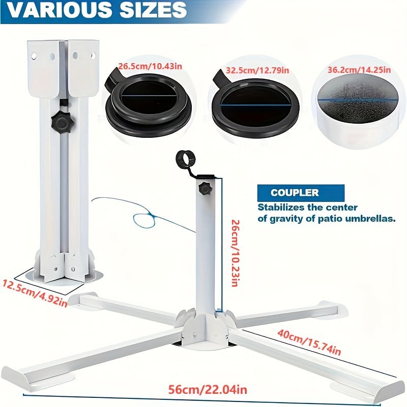 Durable portable patio umbrella base stand with stabilizing center hole, windproof and adjustable, made of white plastic and iron, suitable for outdoor use in beach and garden. Dimensions