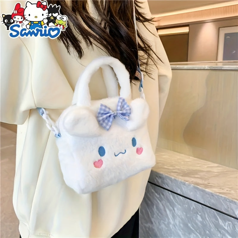 Sanrio plush handbag with Hello Kitty, for Kuromi, My Melody, and Cinnamoroll wallets, and cute fluffy crossbody bag from anime series.