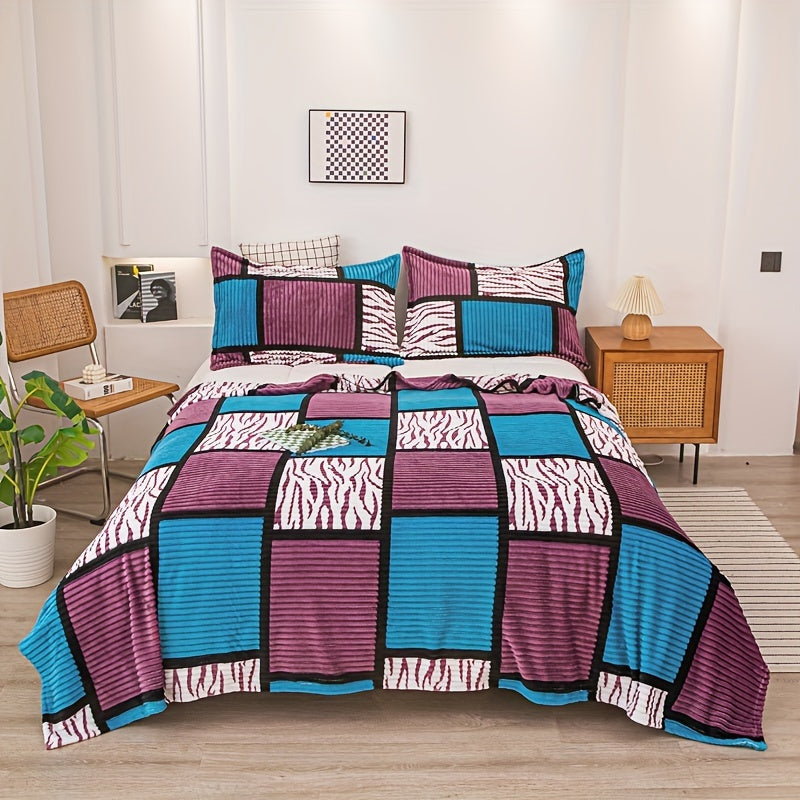 A cozy fleece blanket with whimsical stripes, ideal for snuggling up at work or having a quick snooze.