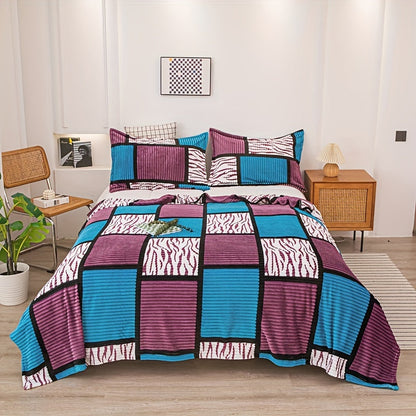 A cozy fleece blanket with whimsical stripes, ideal for snuggling up at work or having a quick snooze.