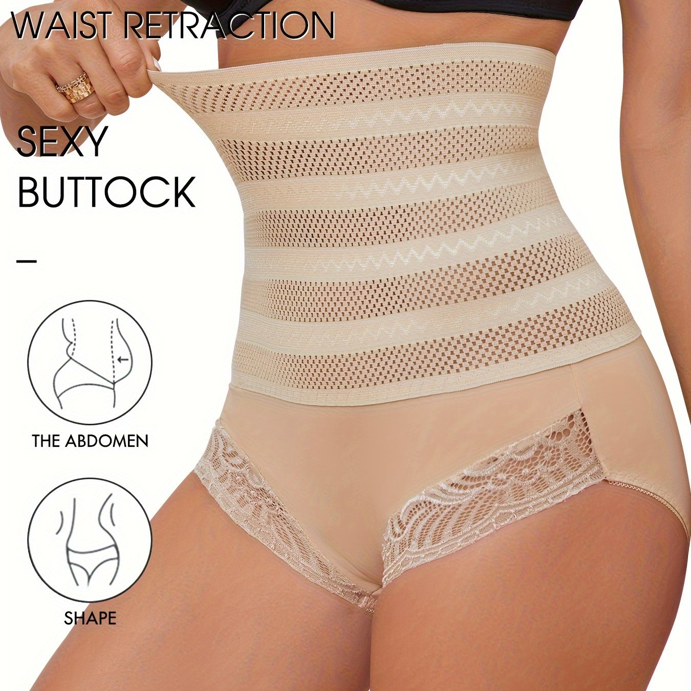 High waist compression panties with lace detail for shaping and lifting buttocks, tummy control.